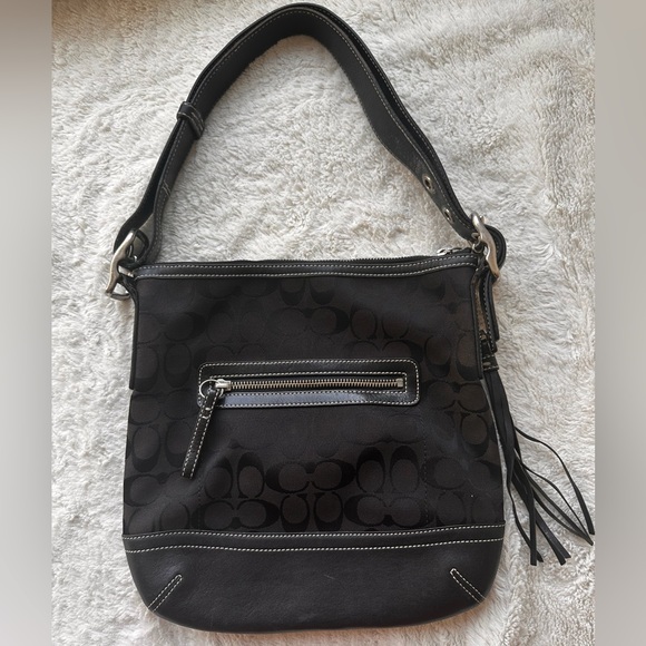 Coach Handbag Black Leather Signature Canvas Superb H04K-9362 - Picture 1 of 14